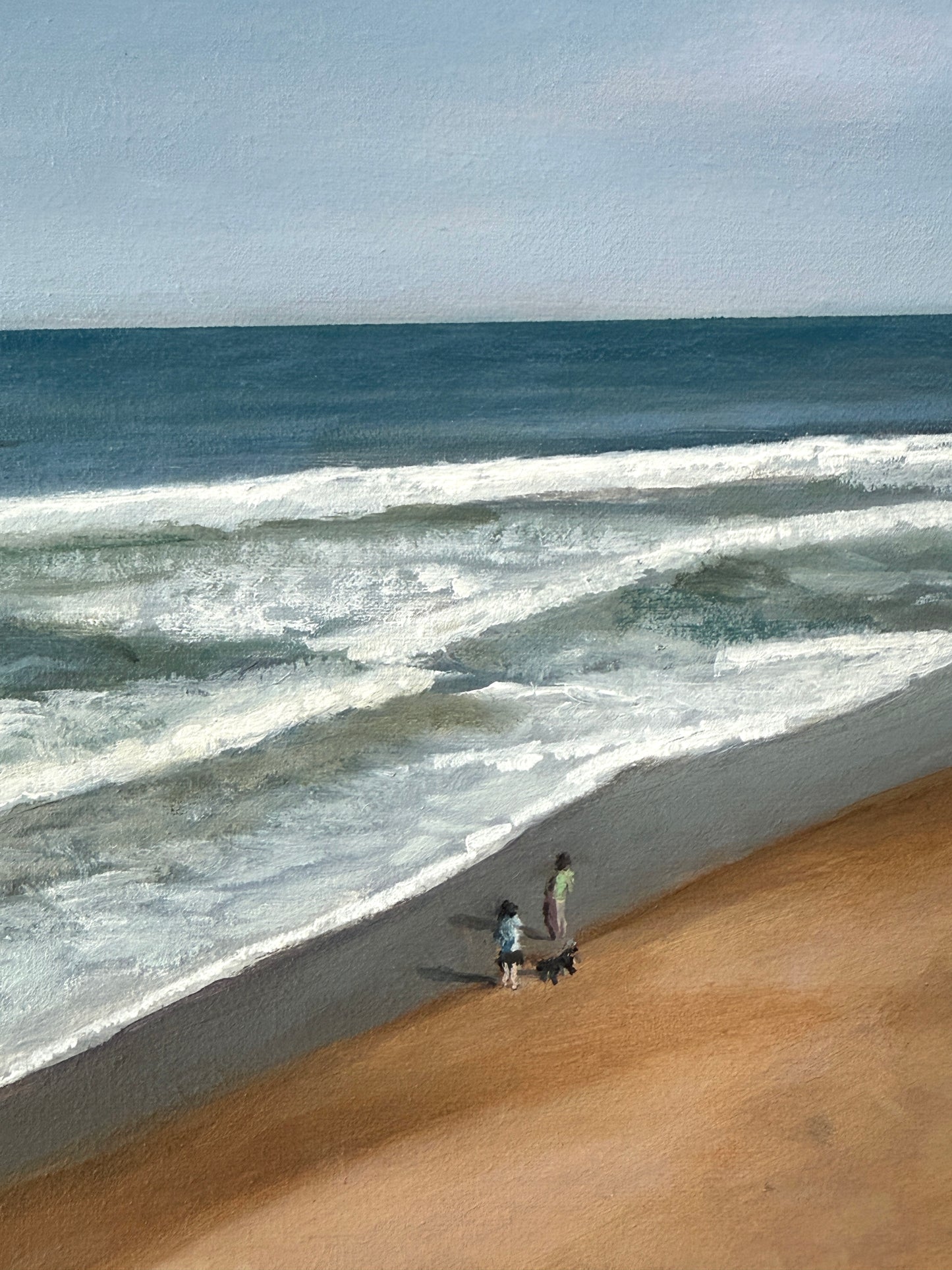 Ron Chouinard Coastal Dog Walkers Nauset Beach on Cape Cod Oil Painting in Gold Frame