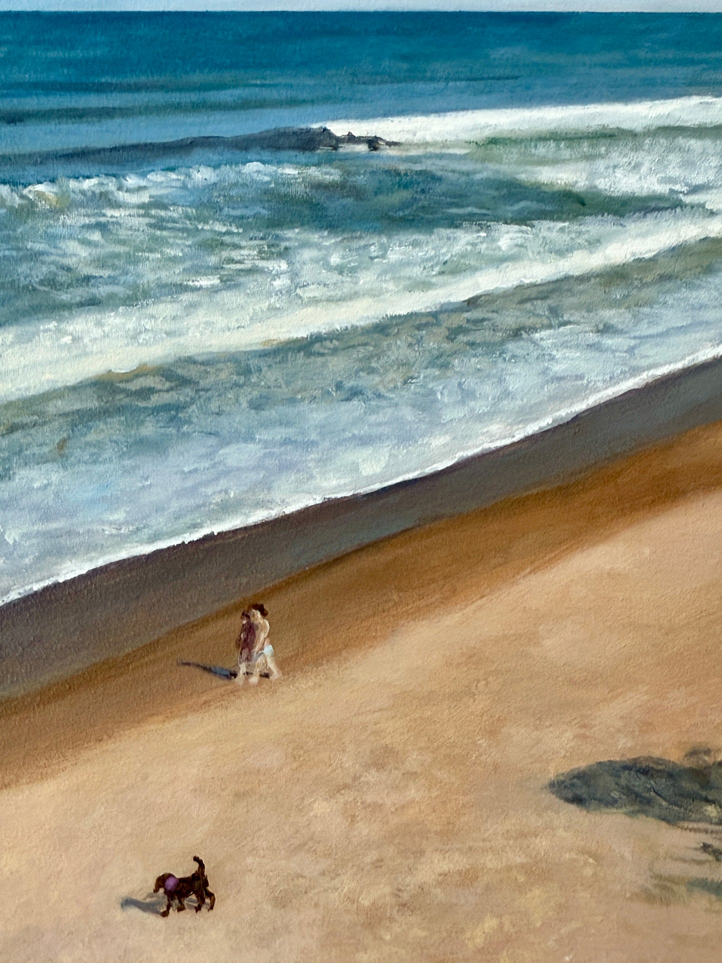 Ron Chouinard Coastal Dog Walkers Nauset Beach on Cape Cod Oil Painting in Gold Frame