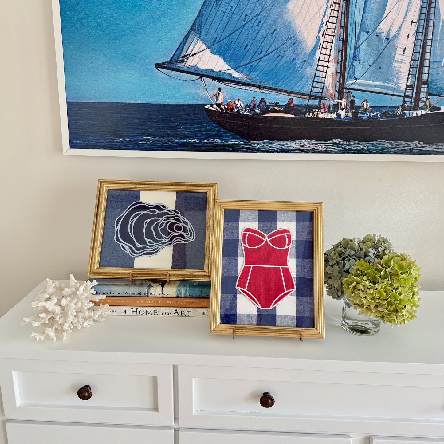 Red Linen Bathing on Blue and White Gingham in Vintage Gold Frame