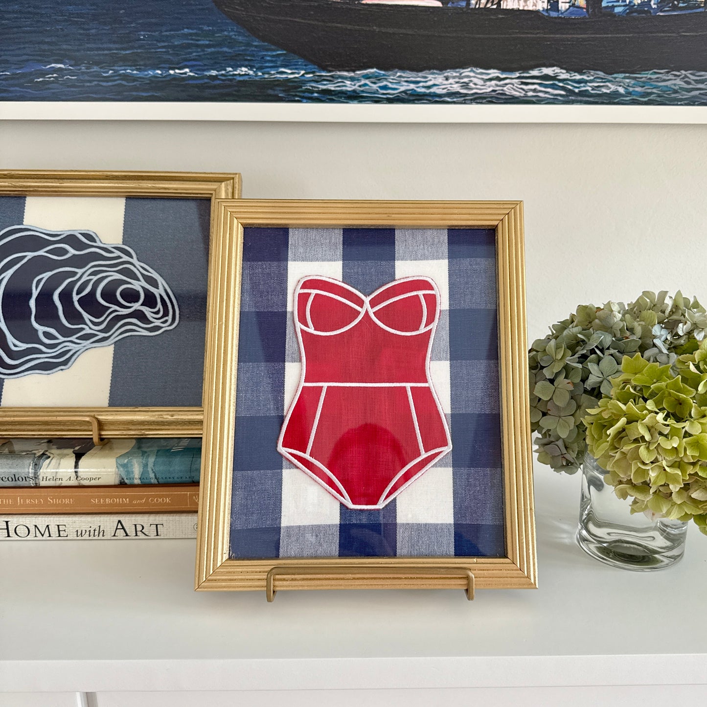 Red Linen Bathing on Blue and White Gingham in Vintage Gold Frame