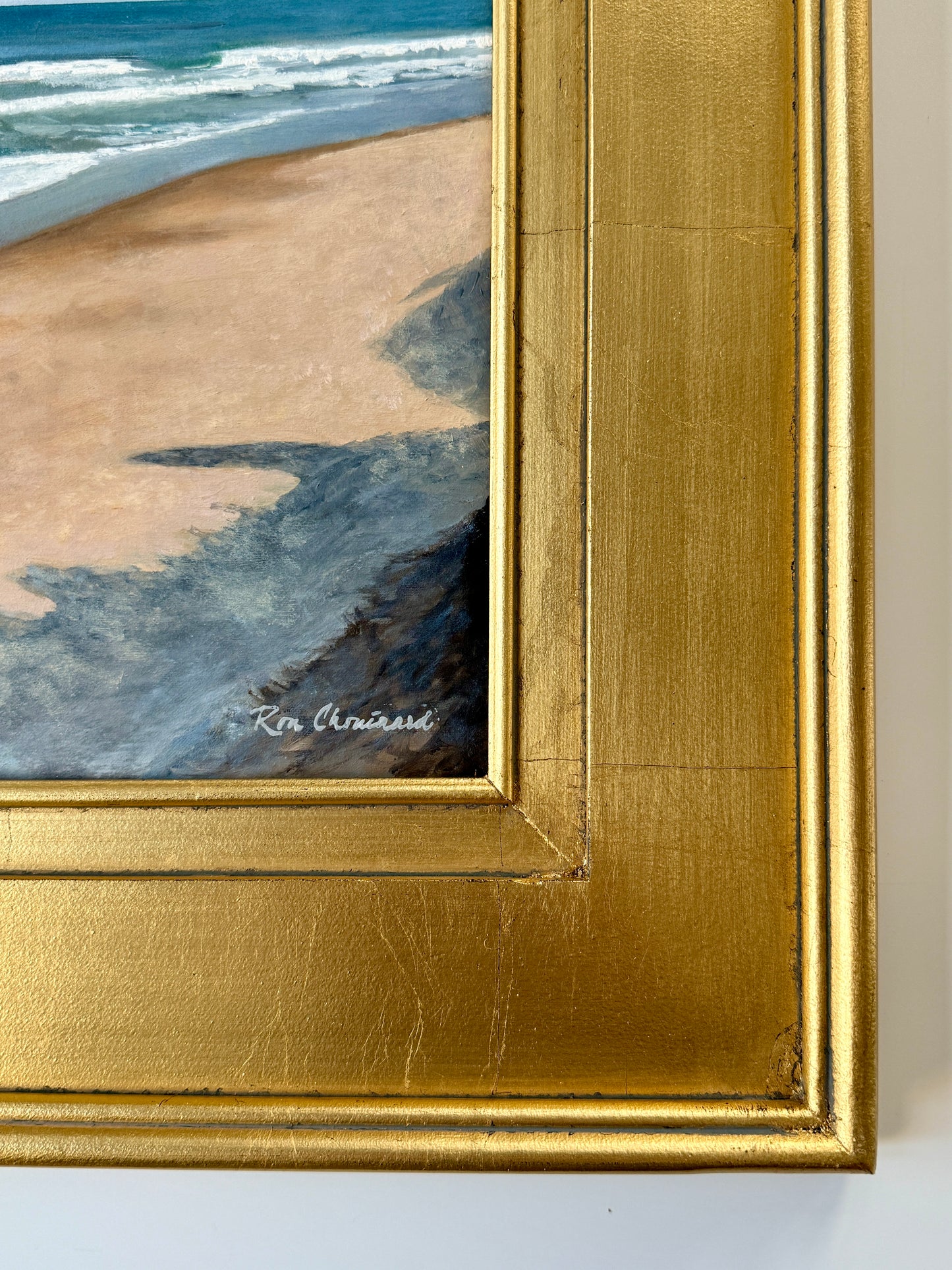Ron Chouinard Coastal Dog Walkers Nauset Beach on Cape Cod Oil Painting in Gold Frame