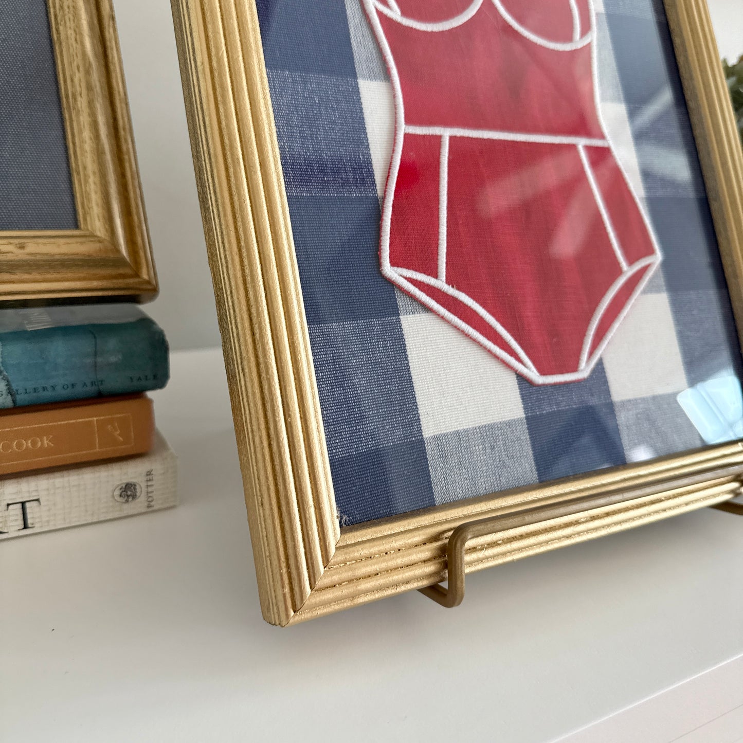 Red Linen Bathing on Blue and White Gingham in Vintage Gold Frame
