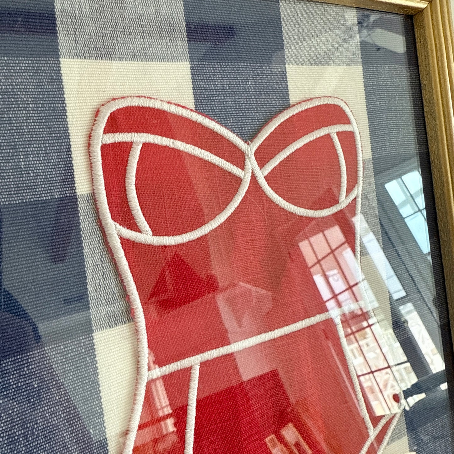 Red Linen Bathing on Blue and White Gingham in Vintage Gold Frame