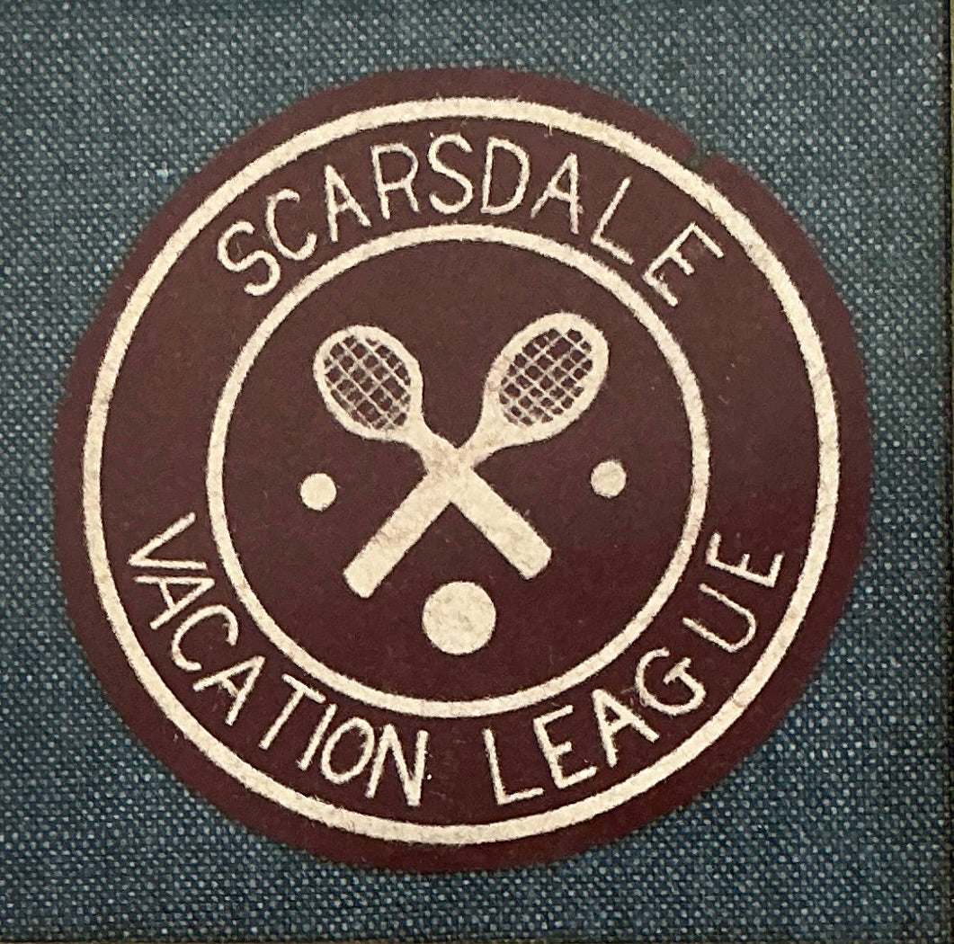 Vintage Scarsdale Vacation League Tennis Racquets Patch on Dark Blue Twill in Gold Frame