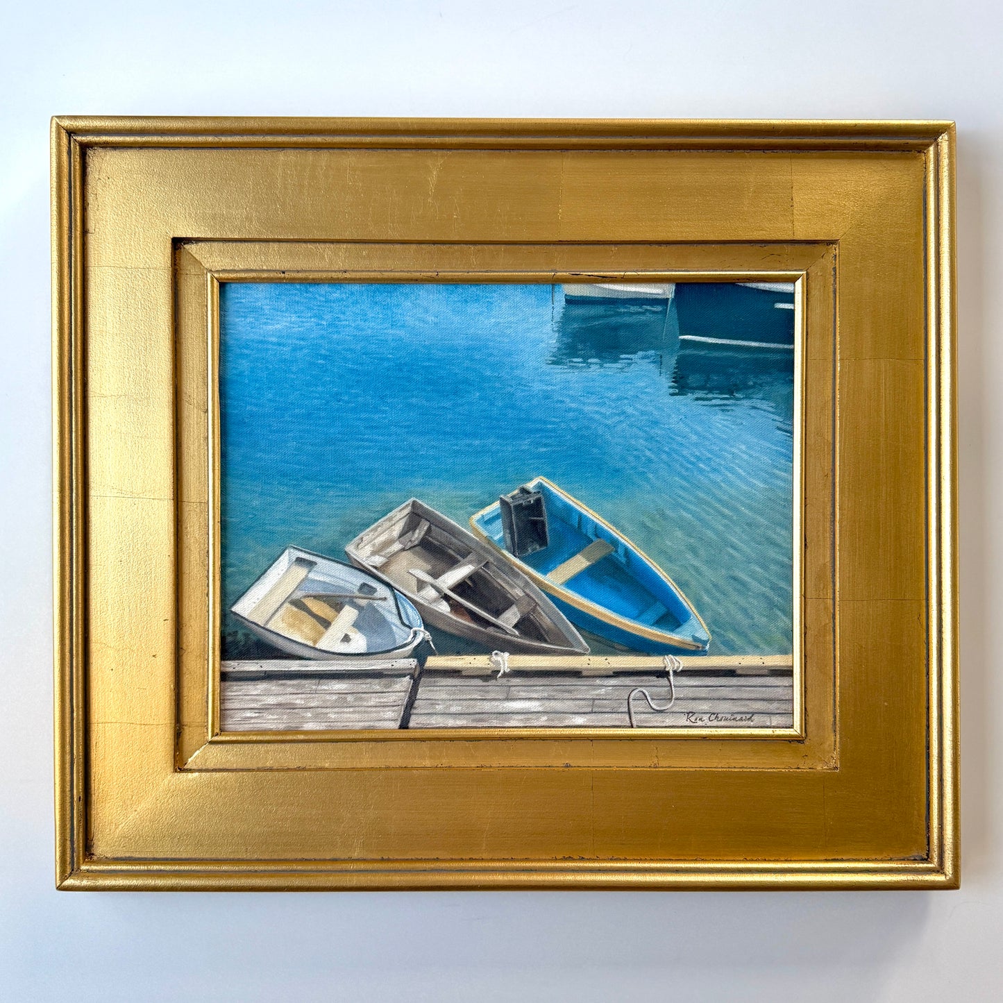 Ron Chouinard Family of Boats in Rockport Harbor MA Oil Painting in Gold Frame