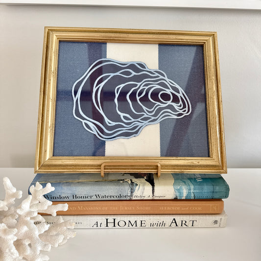Navy Blue Linen Oyster on Navy White Awning Stripes in Vintage Gold Frame