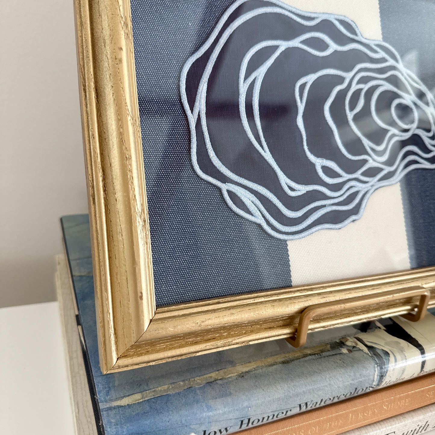 Navy Blue Linen Oyster on Navy White Awning Stripes in Vintage Gold Frame