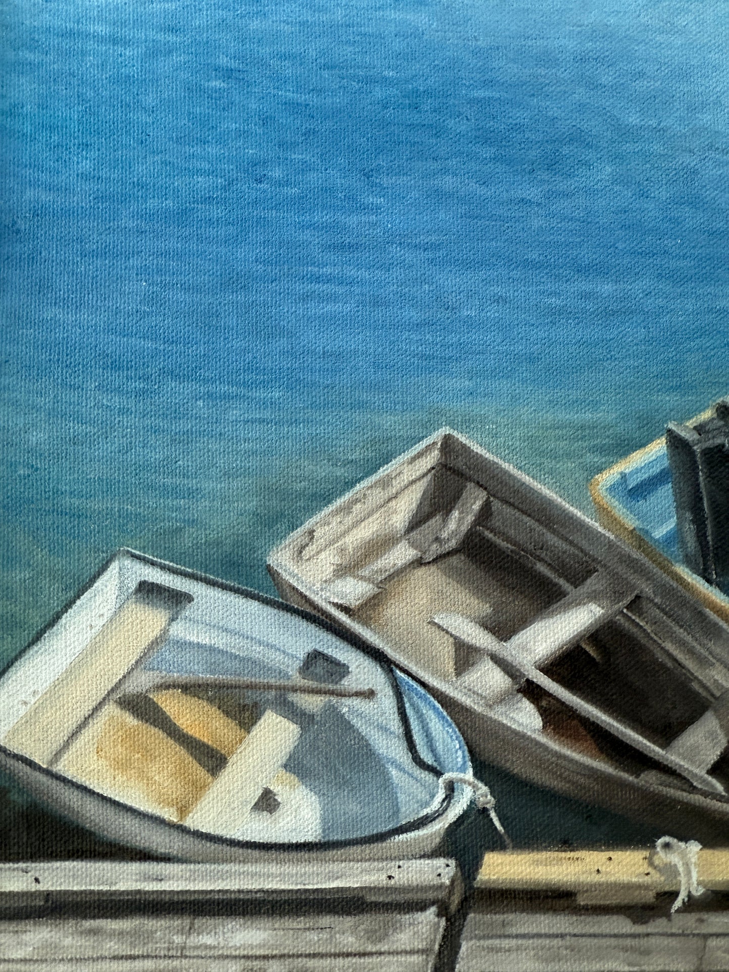 Ron Chouinard Family of Boats in Rockport Harbor MA Oil Painting in Gold Frame
