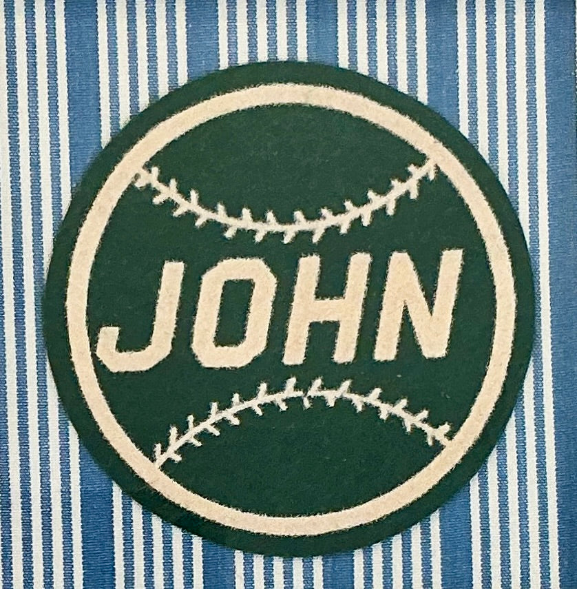 Varsity Varsity Jacket "John" Baseball Patch on Name Blue Stripes in Gold Frame