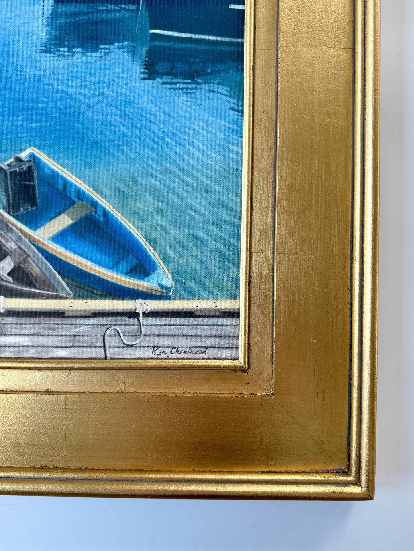 Ron Chouinard Family of Boats in Rockport Harbor MA Oil Painting in Gold Frame