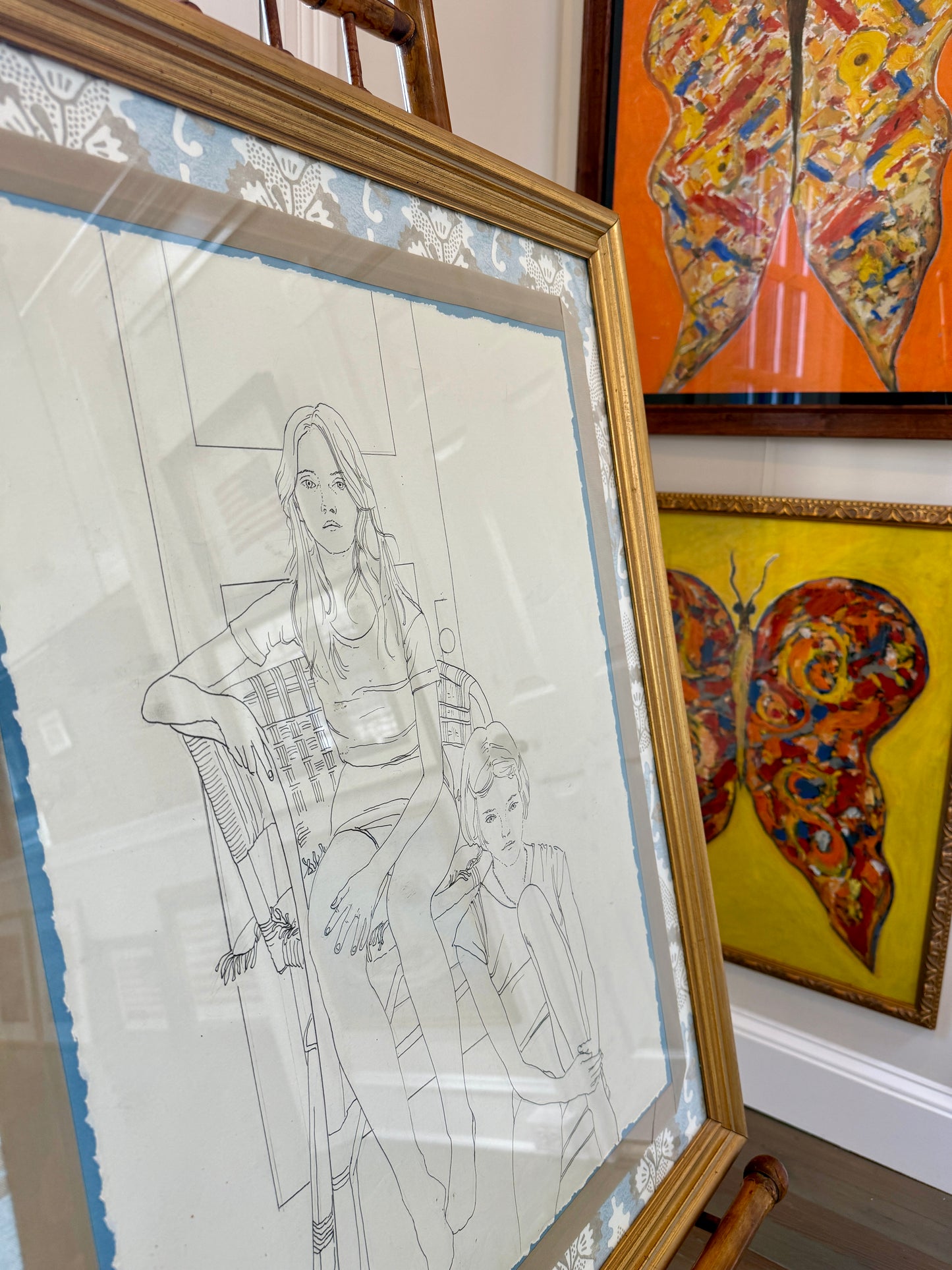 Robert Lee Finch Summer Sisters Ink Drawing Portrait on Designer Fabric in Gold Frame