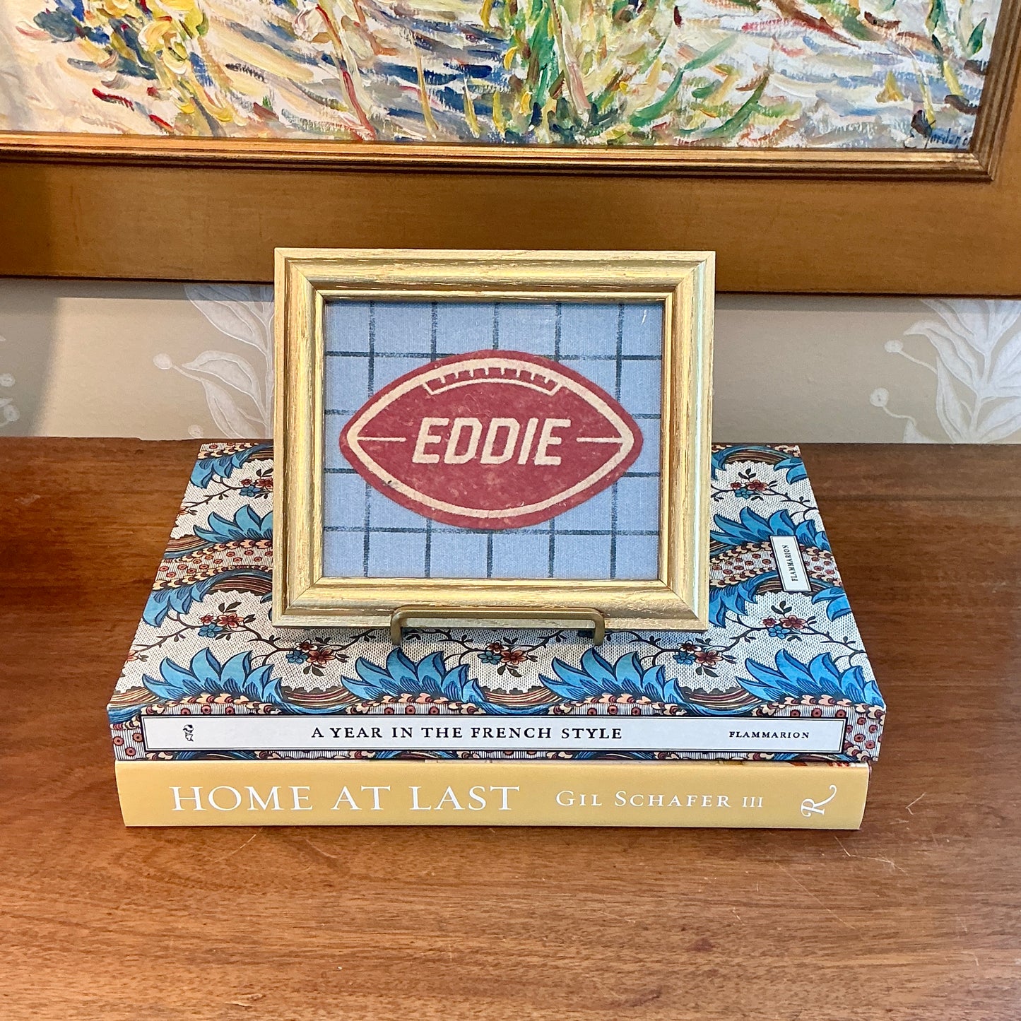 Varsity Varsity Jacket "Eddie" Football Name Patch on Blue Windowpane in Gold Frame