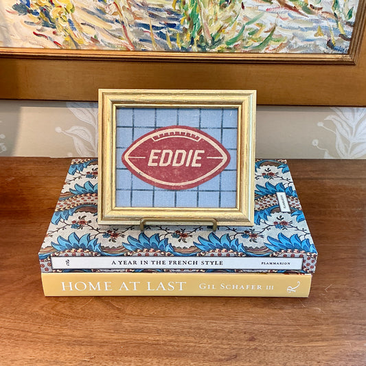 Vintage Varsity Jacket "Eddie" Football Name Patch on Blue Windowpane in Gold Frame