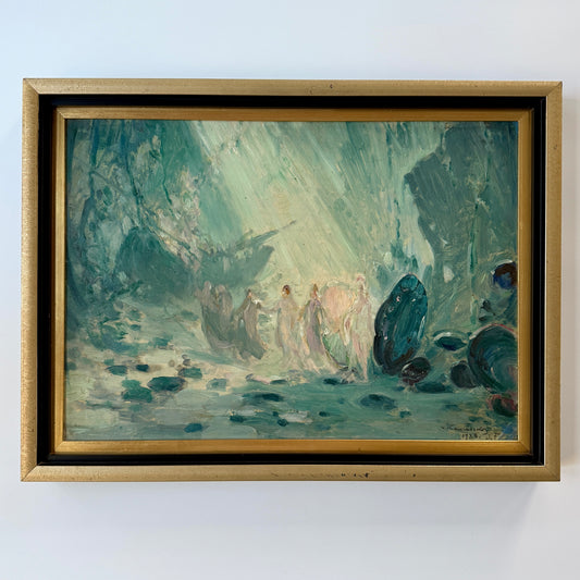1923 Impressionist Women in Landscape / Under Seascape Oil painting in Black Gold Frame