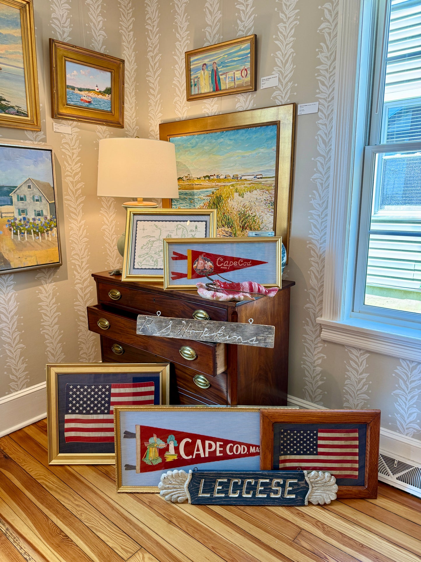 Vintage Cape Cod Sailboat Felt Pennant on Blue Ticking Stripes in Gold Frame