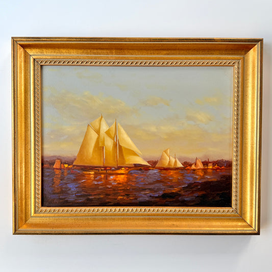 Vernon Broe In Full Glory Sailboat Yacht Race in Seascape Oil Painting in Gold Frame
