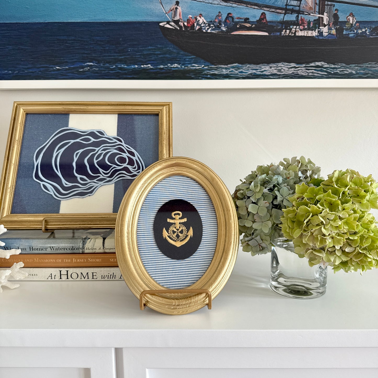 Vintage Navy Wool Anchor Patch on Blue Ticking Stripe in Gold Oval Frame