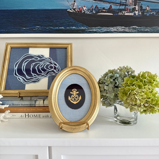 Vintage Navy Wool Anchor Patch on Blue Ticking Stripe in Gold Oval Frame