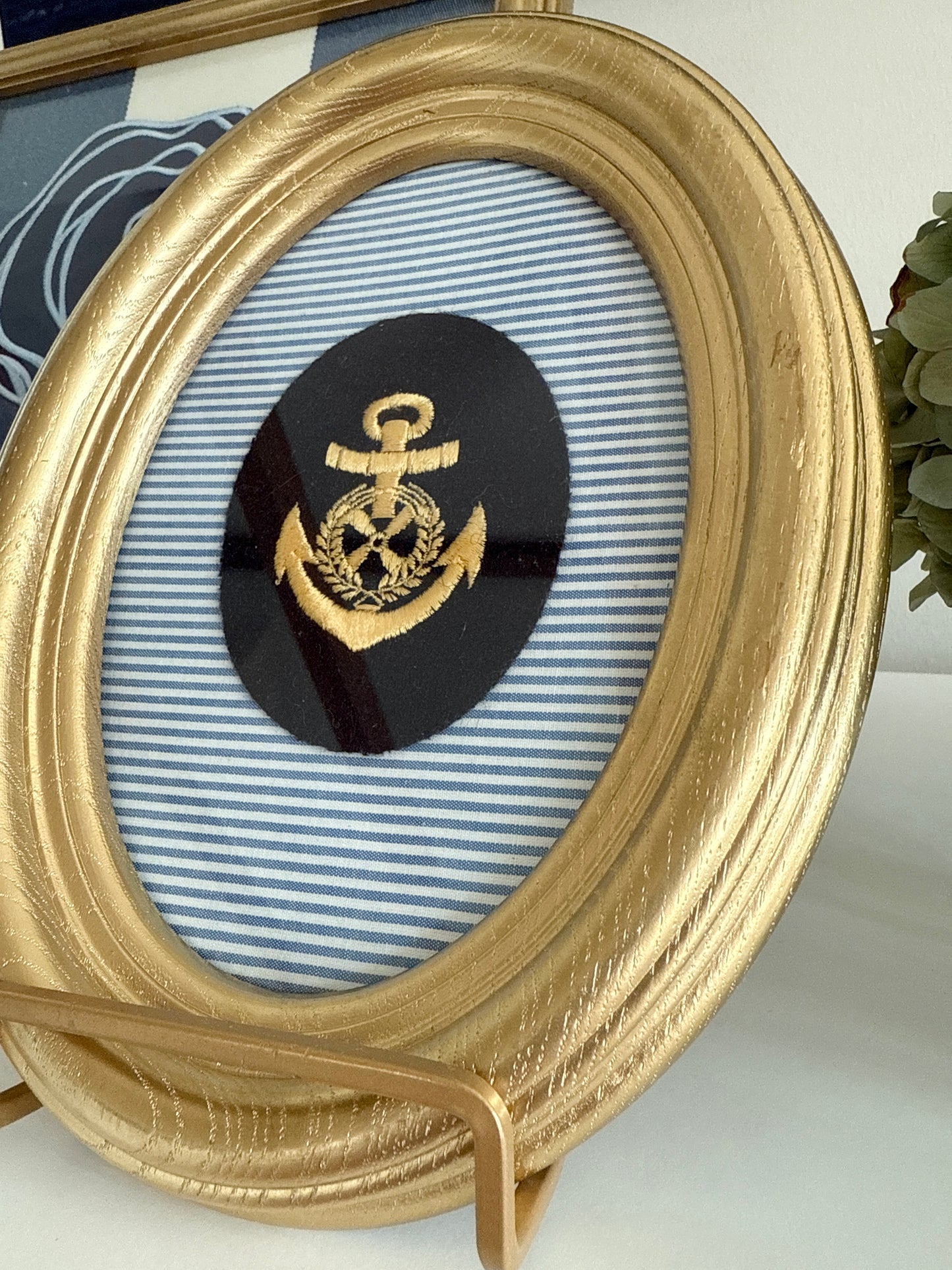 Vintage Navy Wool Anchor Patch on Blue Ticking Stripe in Gold Oval Frame