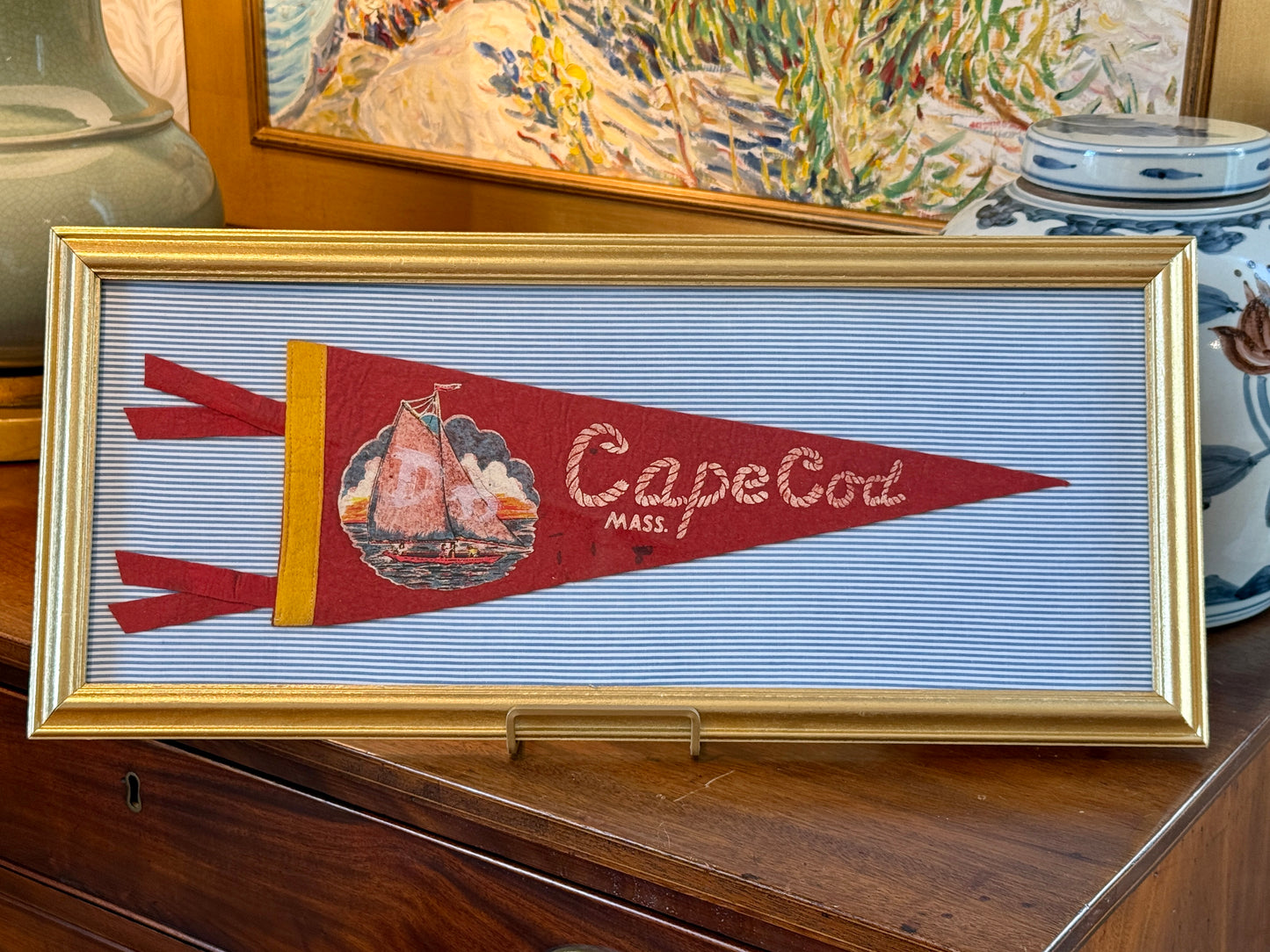 Vintage Cape Cod Sailboat Felt Pennant on Blue Ticking Stripes in Gold Frame