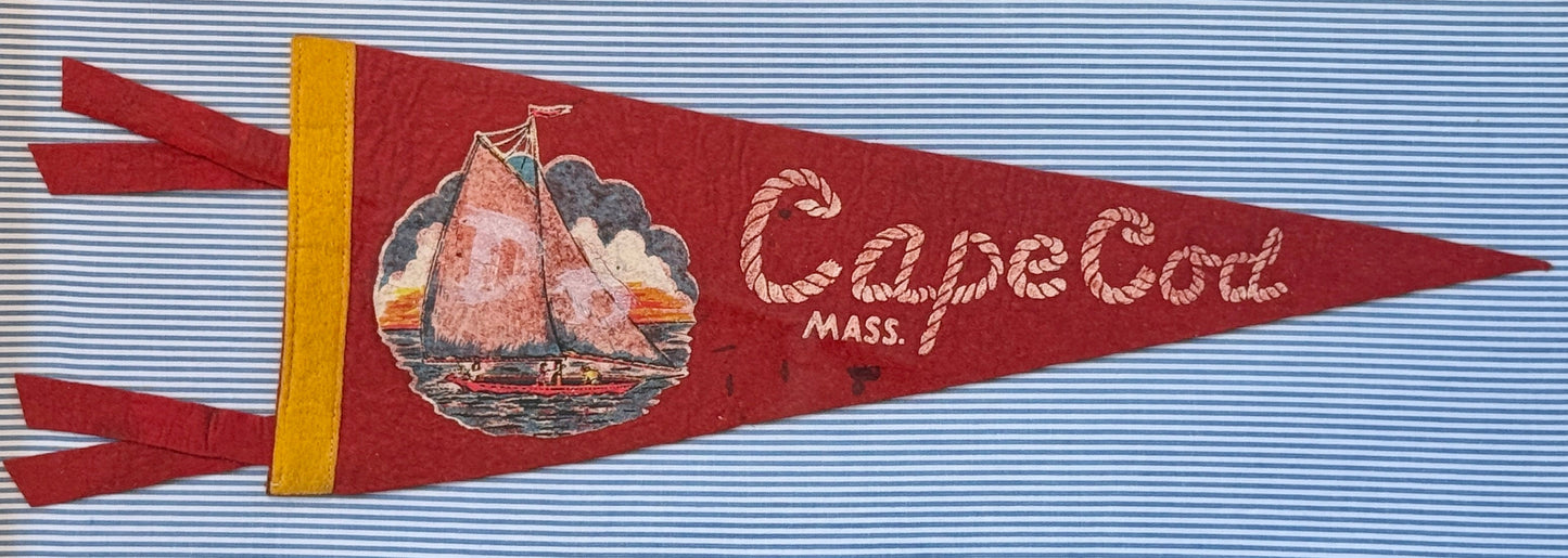 Vintage Cape Cod Sailboat Felt Pennant on Blue Ticking Stripes in Gold Frame
