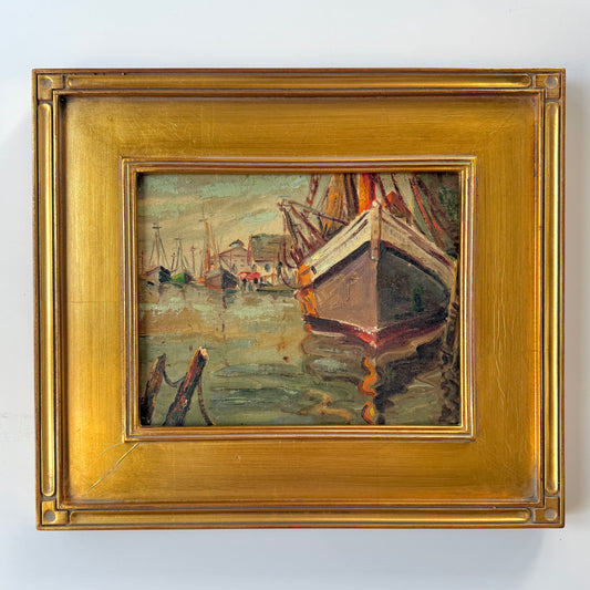 Manner of Emile Albert Gruppe New England Dockside Scene #2 Oil Painting in Gold Frame
