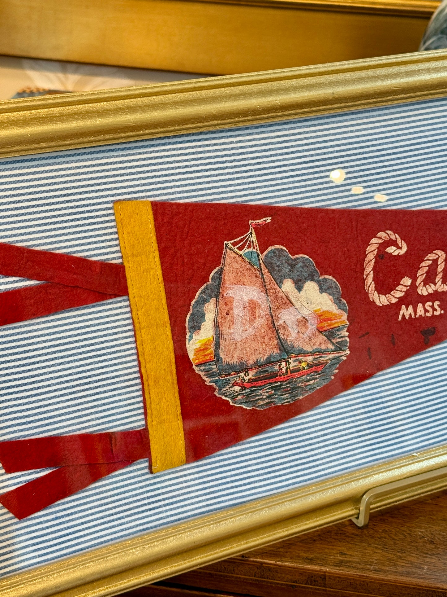 Vintage Cape Cod Sailboat Felt Pennant on Blue Ticking Stripes in Gold Frame