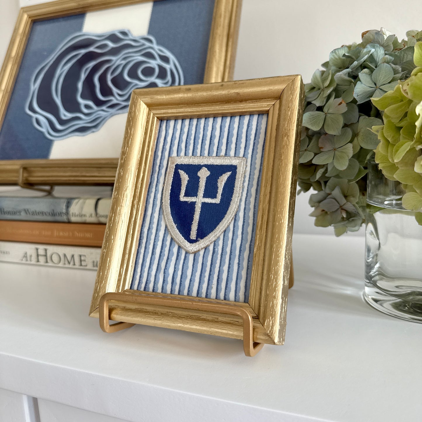 Vintage World War II US Military Army Patch on Blue Wavy Stripes in Gold Frame
