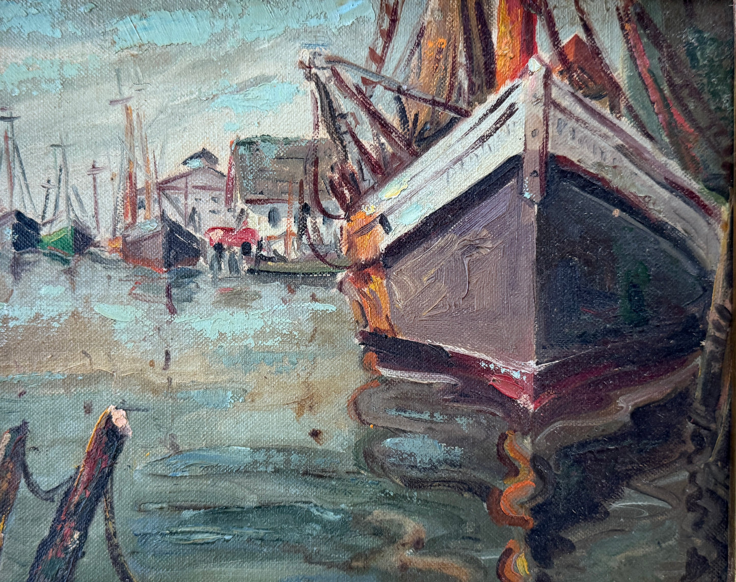 Manner of Emile Albert Gruppe New England Dockside Scene #2 Oil Painting in Gold Frame