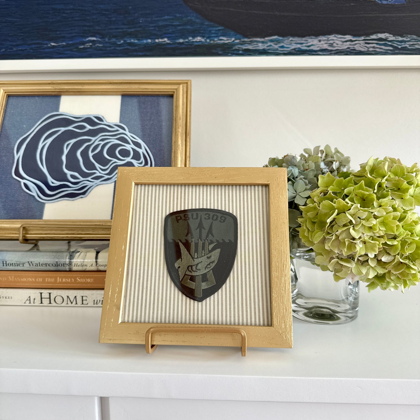 Vintage United States Coast Guard Port Security Patch on Ticking Stripe in Gold Frame
