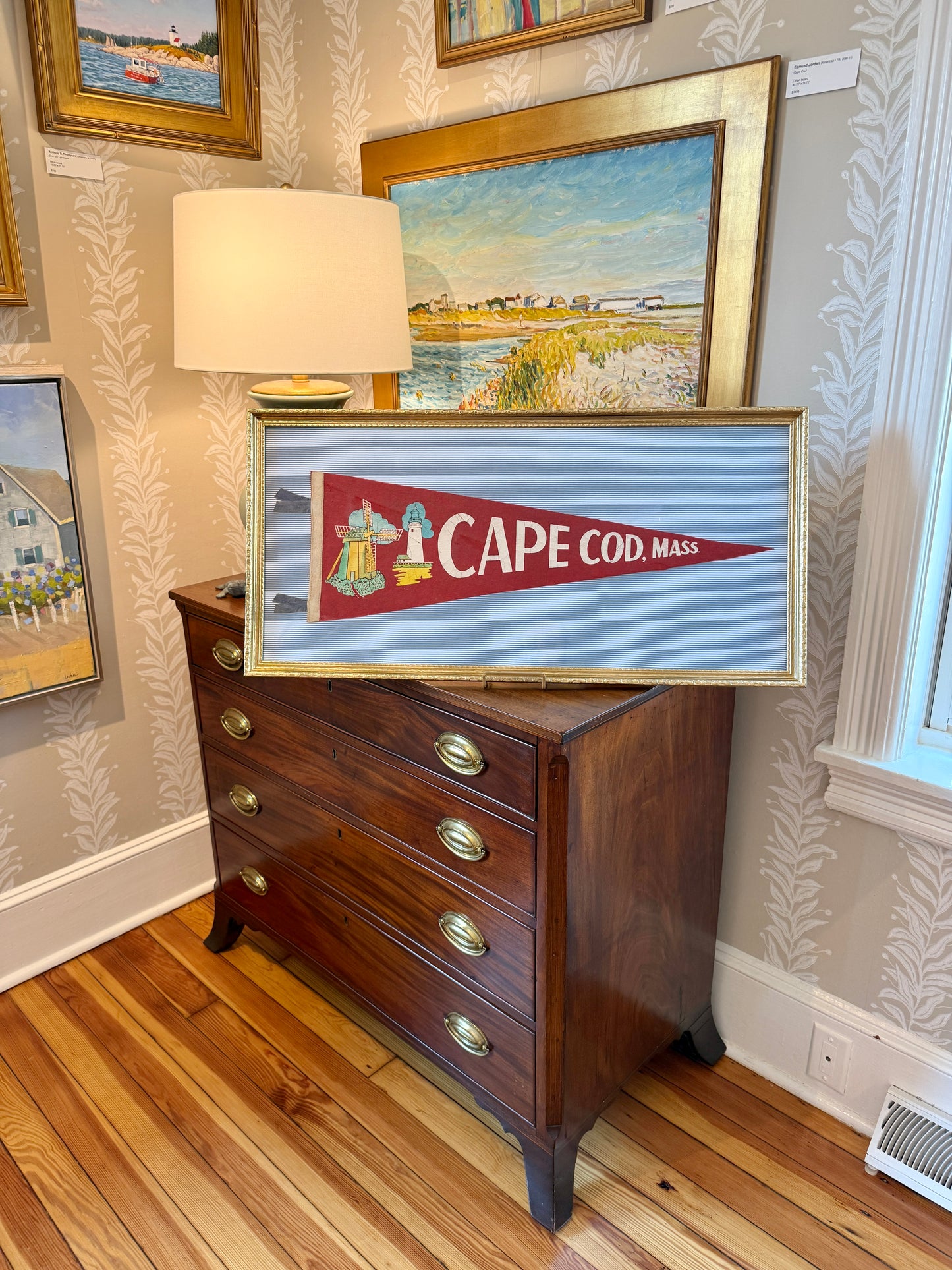 Vintage Cape Cod Lighthouse Felt Pennant on Blue Ticking Stripes in Gold Frame