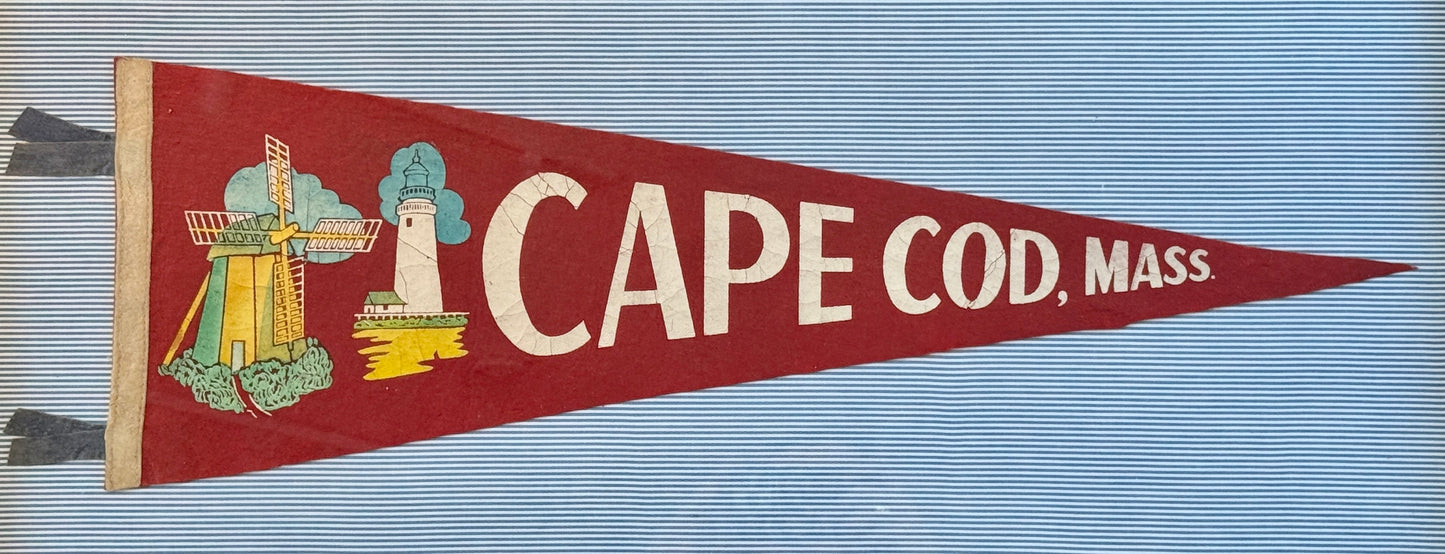 Vintage Cape Cod Lighthouse Felt Pennant on Blue Ticking Stripes in Gold Frame