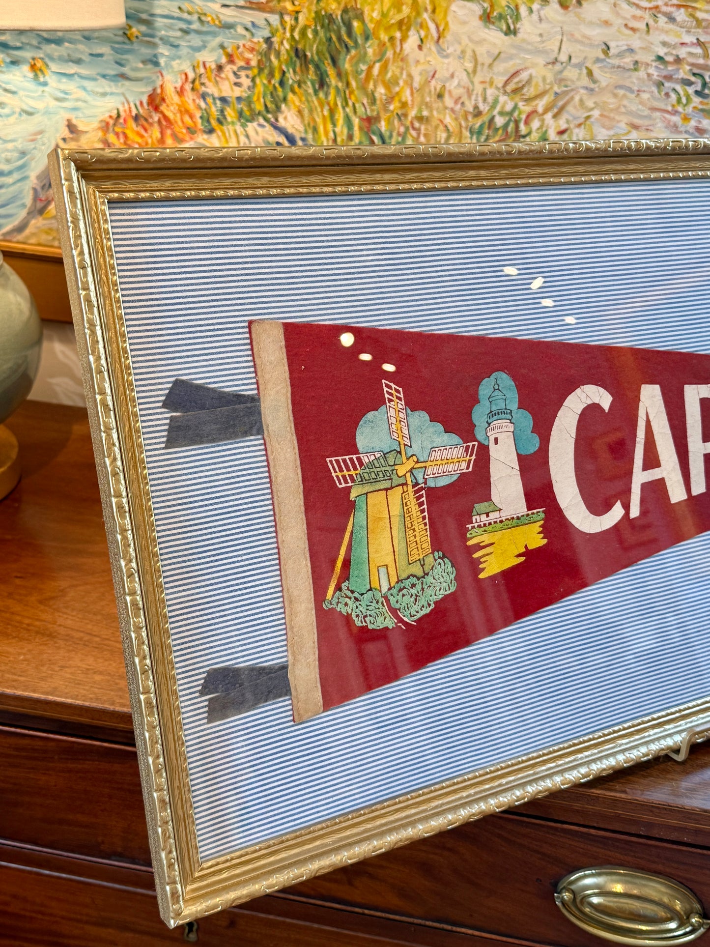 Vintage Cape Cod Lighthouse Felt Pennant on Blue Ticking Stripes in Gold Frame