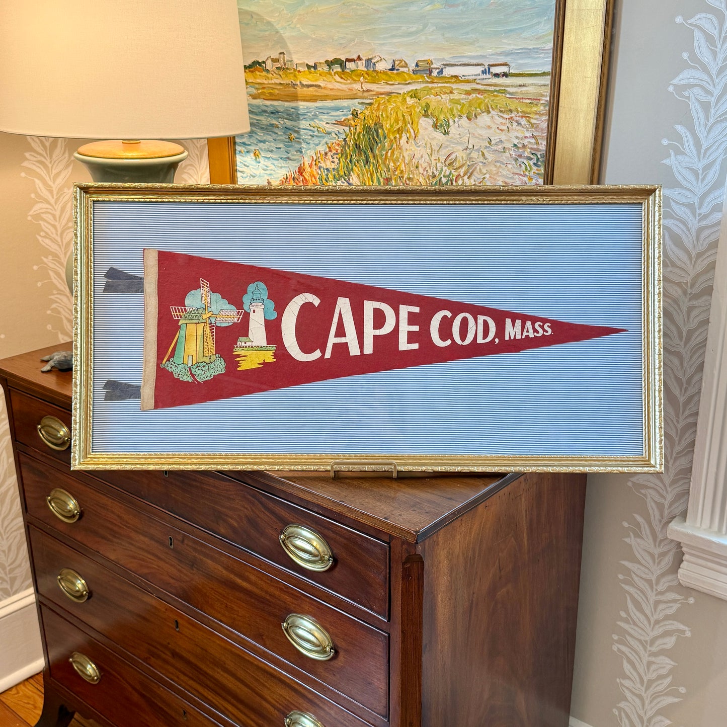 Vintage Cape Cod Lighthouse Felt Pennant on Blue Ticking Stripes in Gold Frame