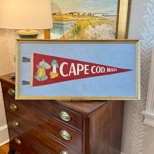 Vintage Cape Cod Lighthouse Felt Pennant on Blue Ticking Stripes in Gold Frame