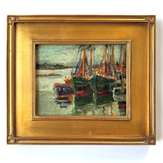Manner of Emile Albert Gruppe New England Dockside Scene #1 Oil Painting in Gold Frame