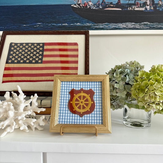 Vintage World War II US Military Port of Embarkation Ship Wheel Patch on Blue Gingham in Gold Frame
