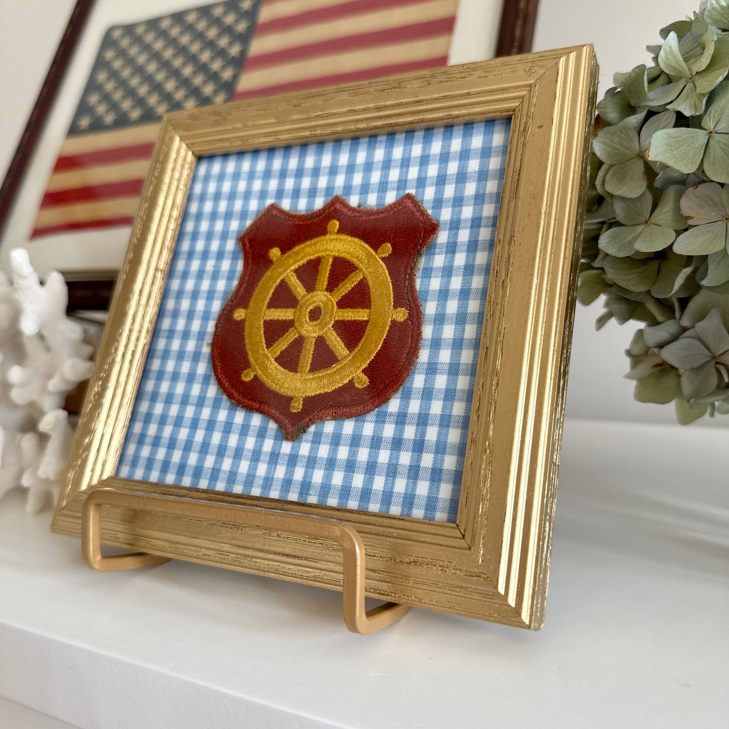 Vintage World War II US Military Port of Embarkation Ship Wheel Patch on Blue Gingham in Gold Frame