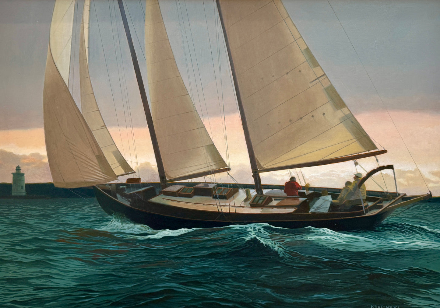 Loretta Krupinkski The Schooner Tarbaby Sailboat in Seascape Oil Painting on Mahogany in Gold Frame
