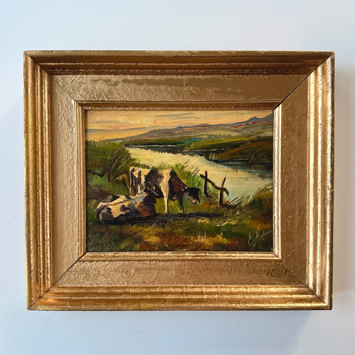 Vintage Cows at the Stream Scene Oil Painting in Gold Frame