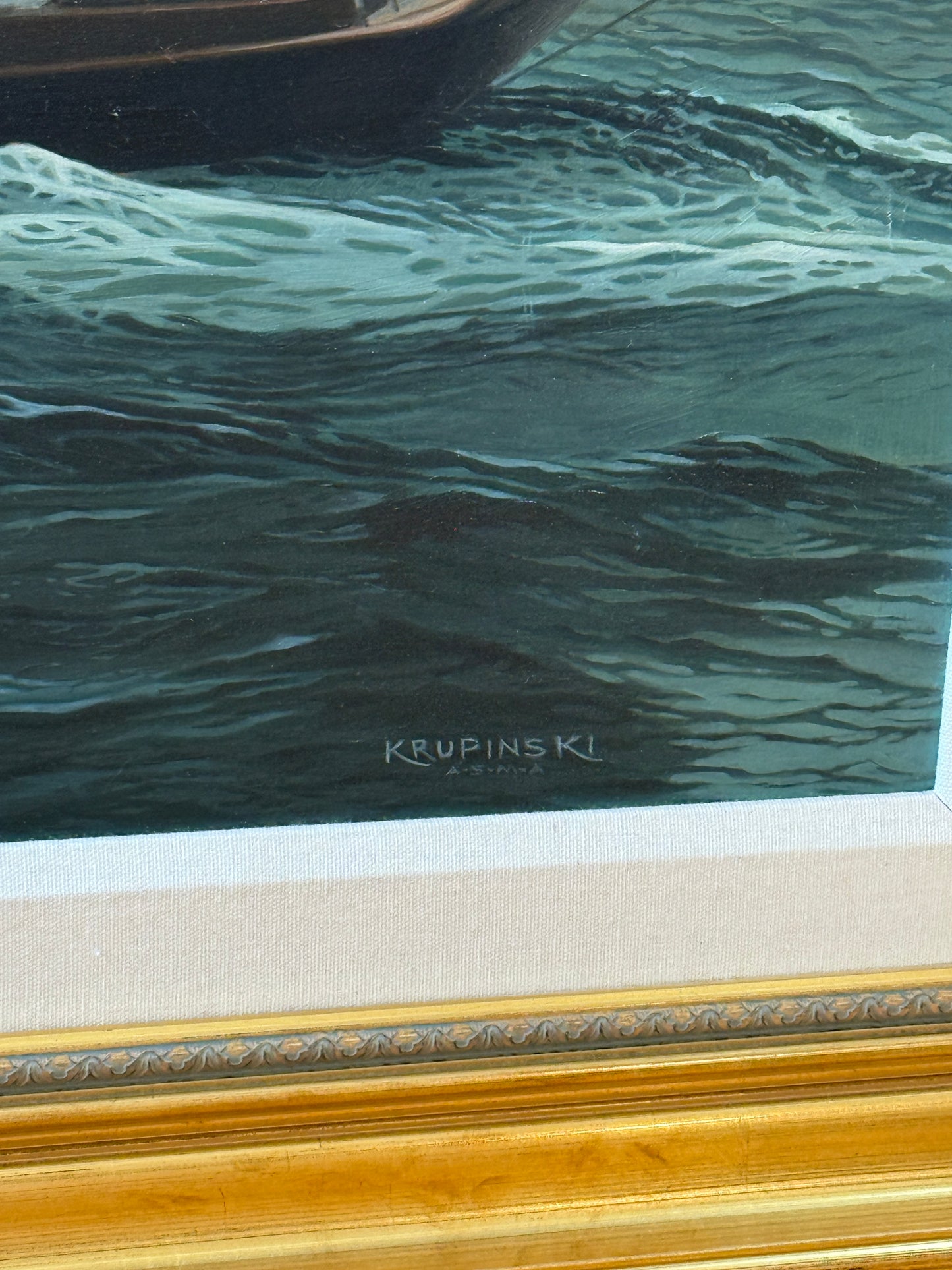 Loretta Krupinkski The Schooner Tarbaby Sailboat in Seascape Oil Painting on Mahogany in Gold Frame
