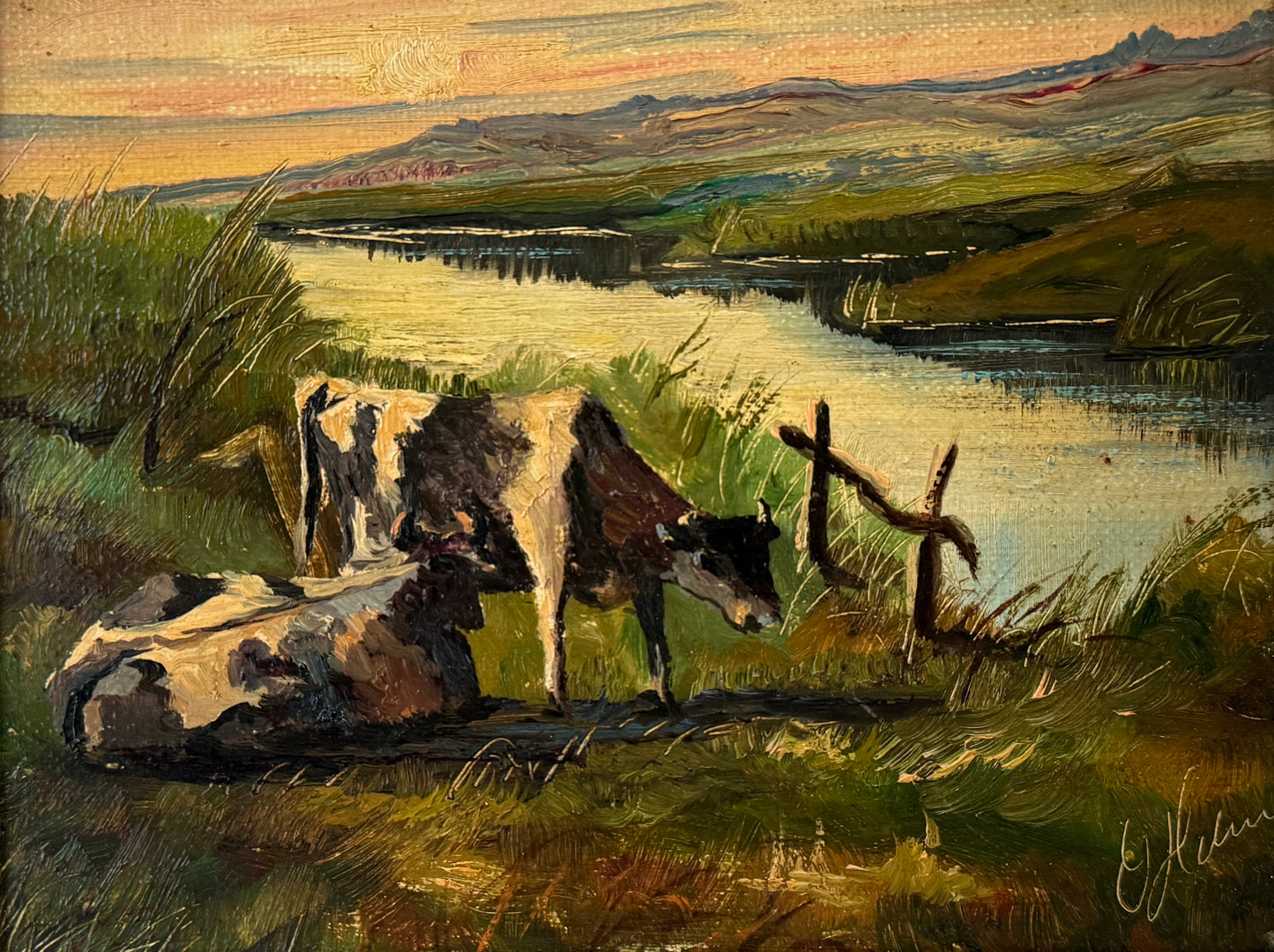 Vintage Cows at the Stream Scene Oil Painting in Gold Frame