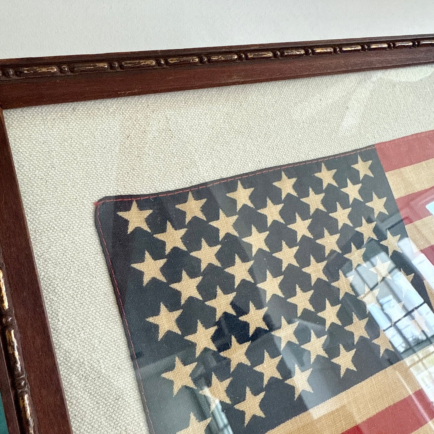 Vintage 50 Star American Flag on Duck Cloth in Antique Wood Frame