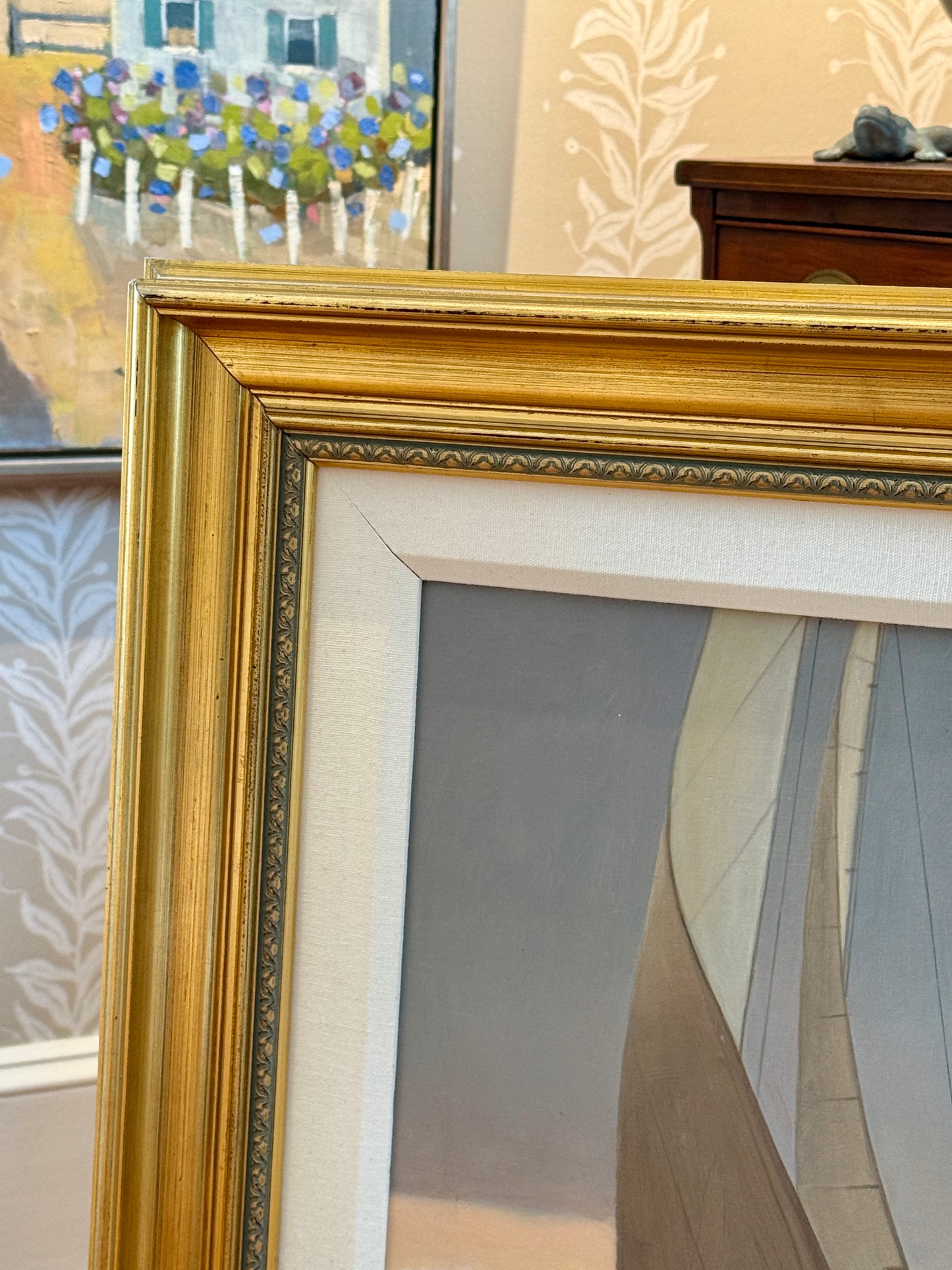 Loretta Krupinkski The Schooner Tarbaby Sailboat in Seascape Oil Painting on Mahogany in Gold Frame