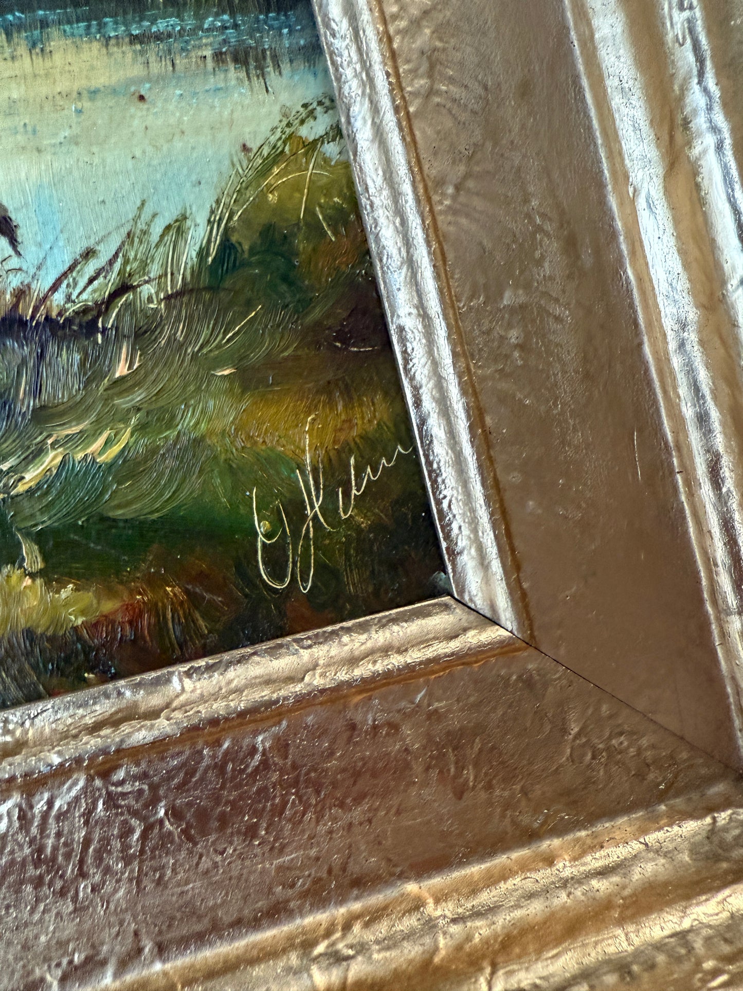 Vintage Cows at the Stream Scene Oil Painting in Gold Frame