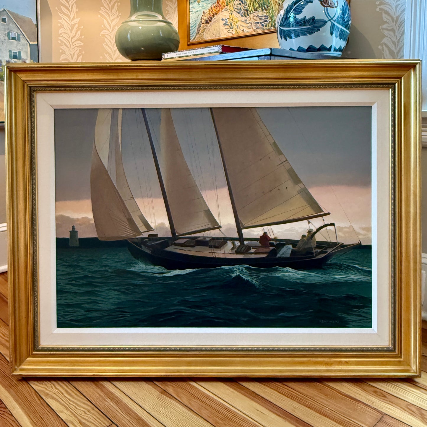 Loretta Krupinkski The Schooner Tarbaby Sailboat in Seascape Oil Painting on Mahogany in Gold Frame