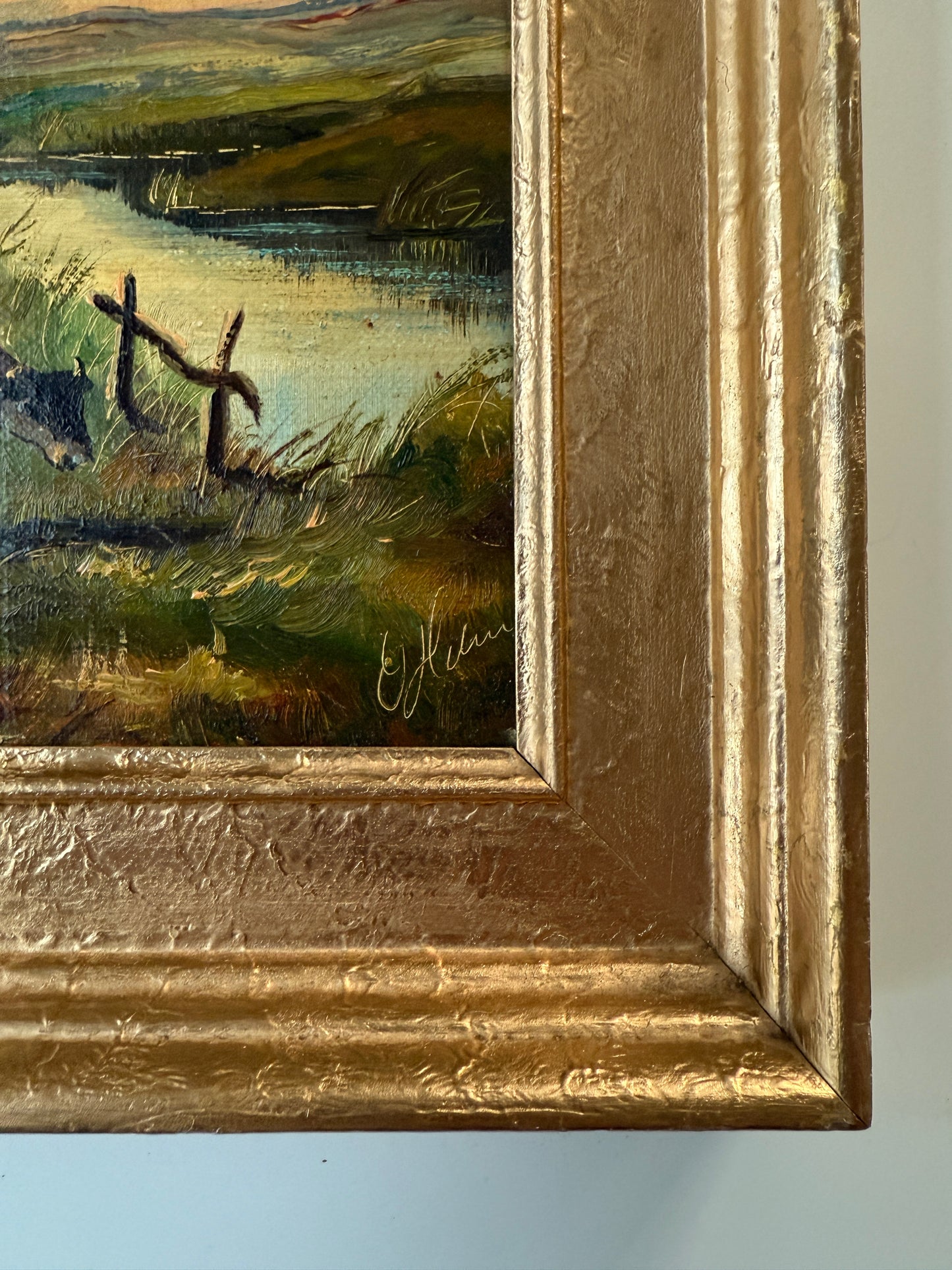 Vintage Cows at the Stream Scene Oil Painting in Gold Frame