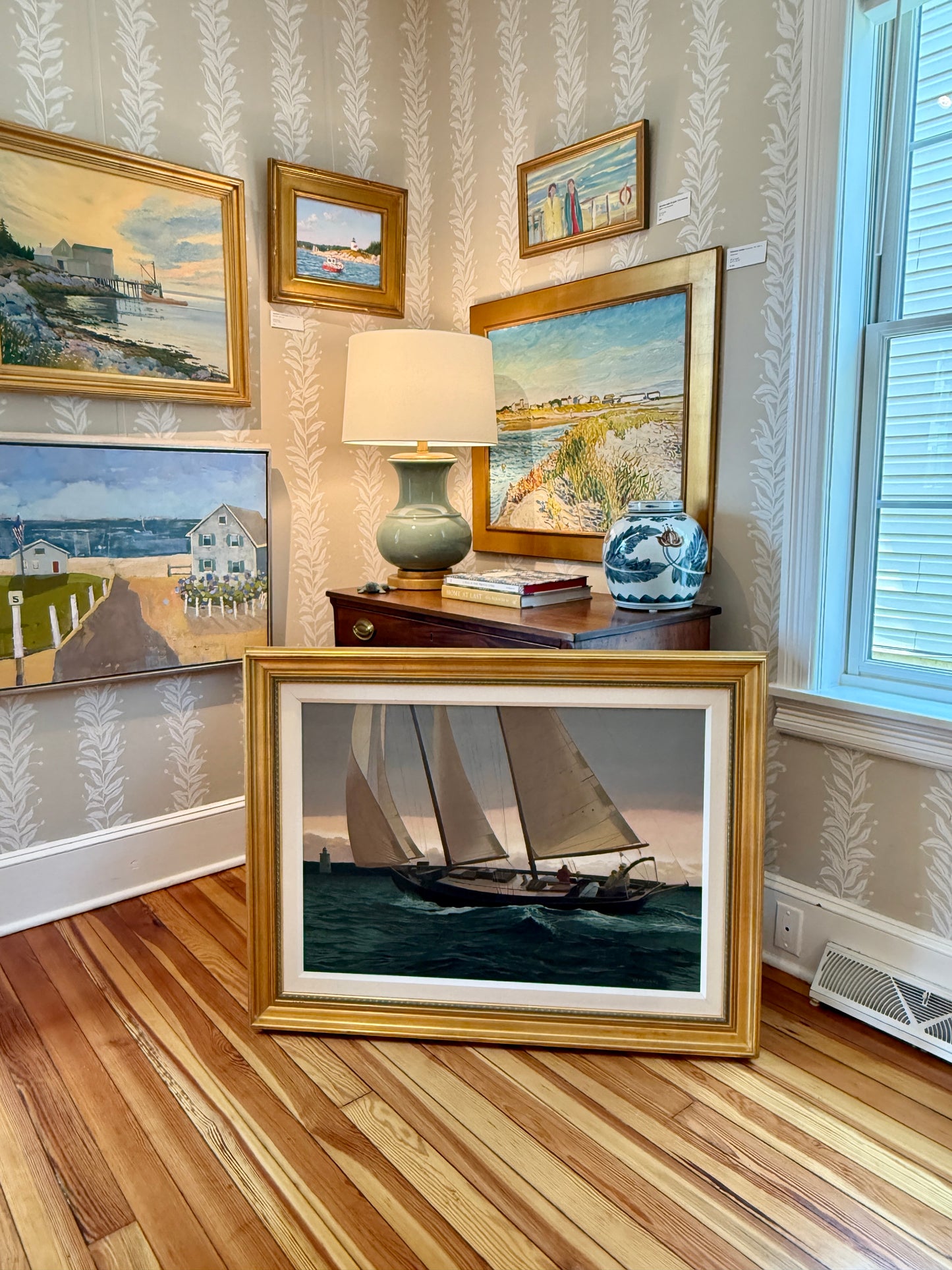 Loretta Krupinkski The Schooner Tarbaby Sailboat in Seascape Oil Painting on Mahogany in Gold Frame