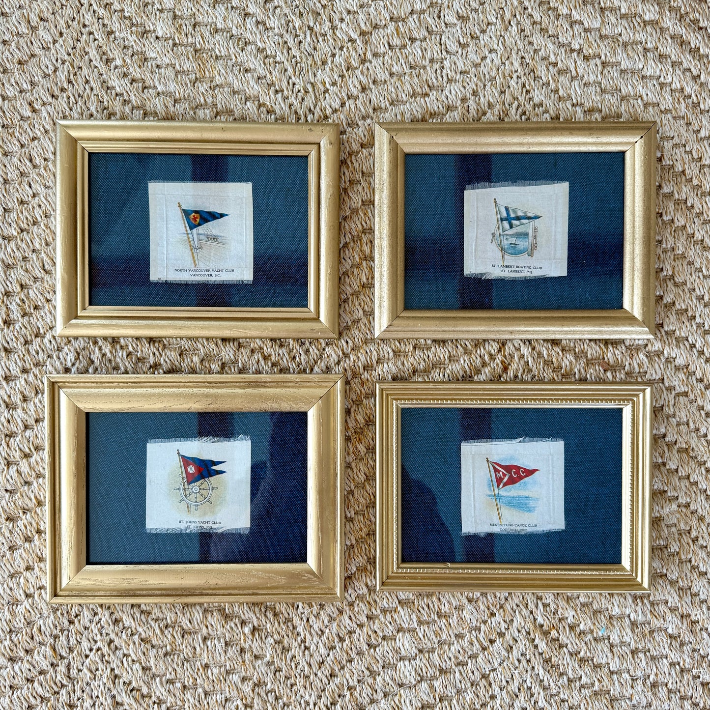 Set of 4 Antique Yacht Boating Club Silks on Navy Linen in Gold Frames (Set H)