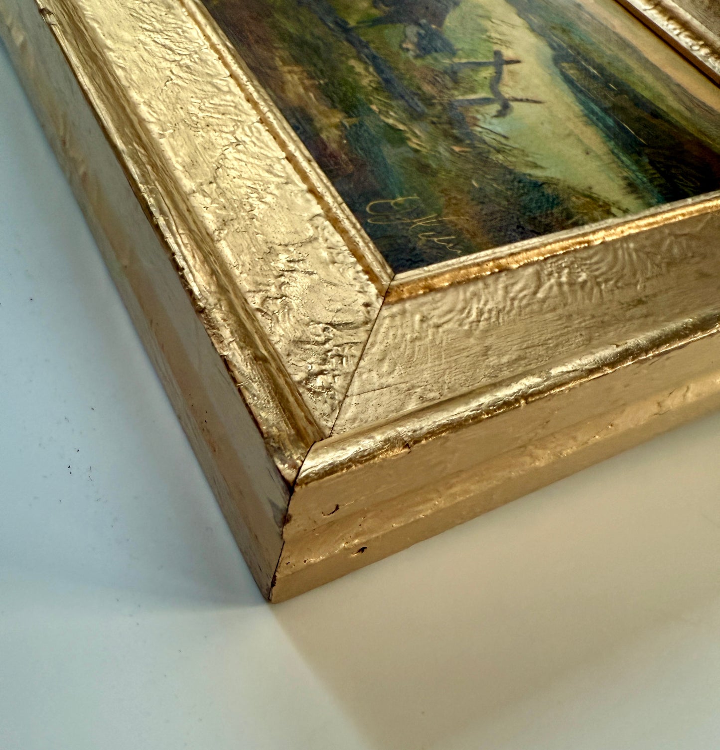 Vintage Cows at the Stream Scene Oil Painting in Gold Frame